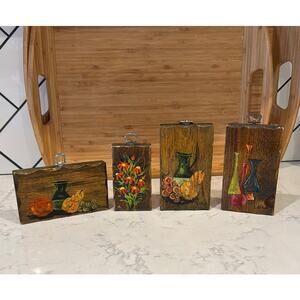 Vintage 70s hand painted wooden plaques wall decor floral fruit vase design